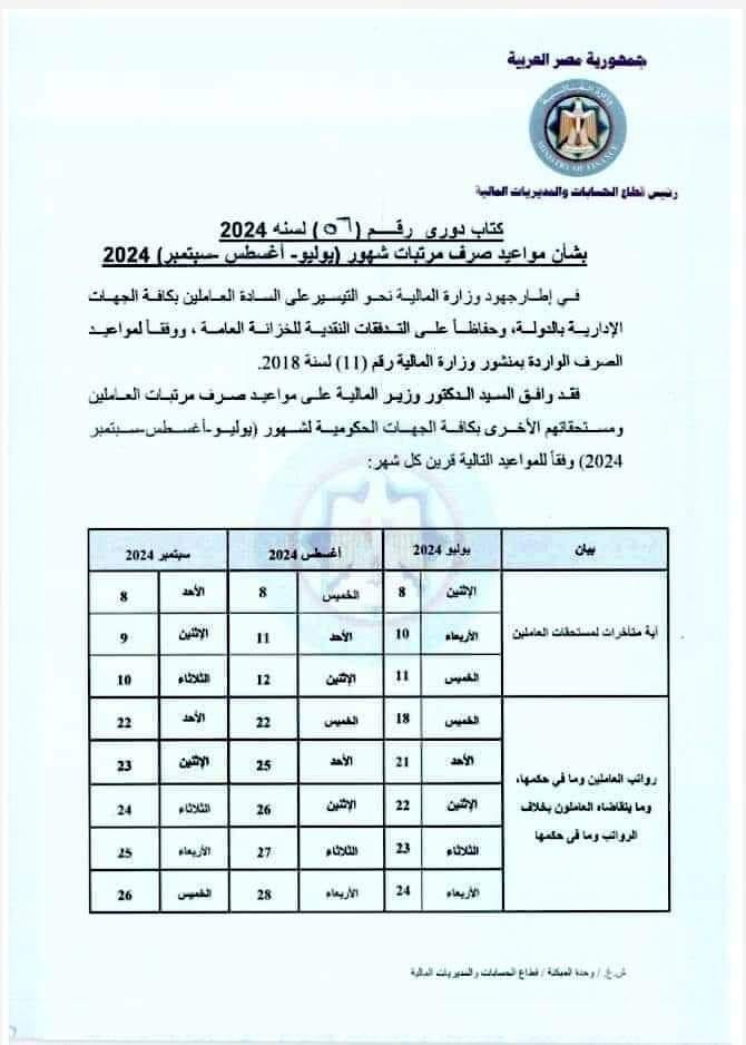 المالية تعلن مواعيد صرف مرتبات شهري أغسطس وسبتمبر 2024