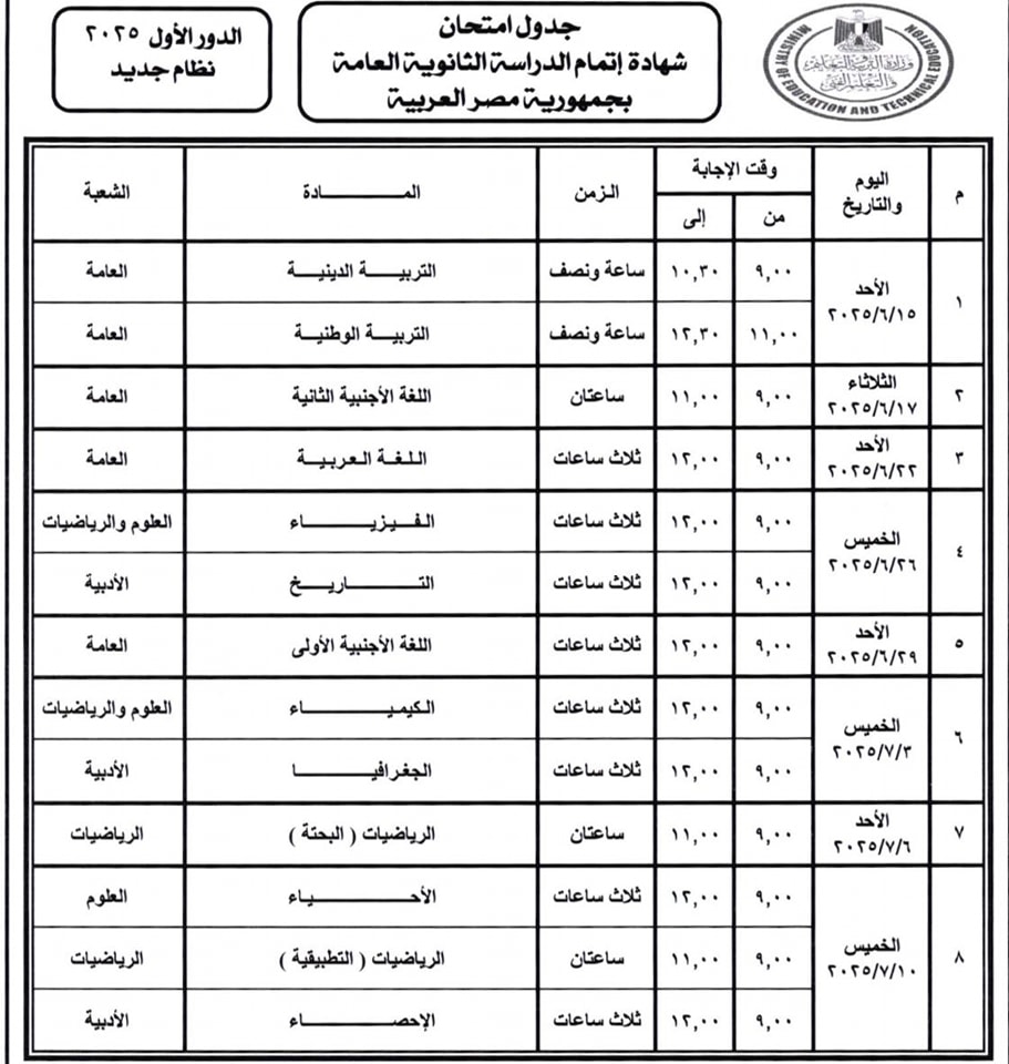 جدول امتحانات الثانوية العامة النظام الجديد