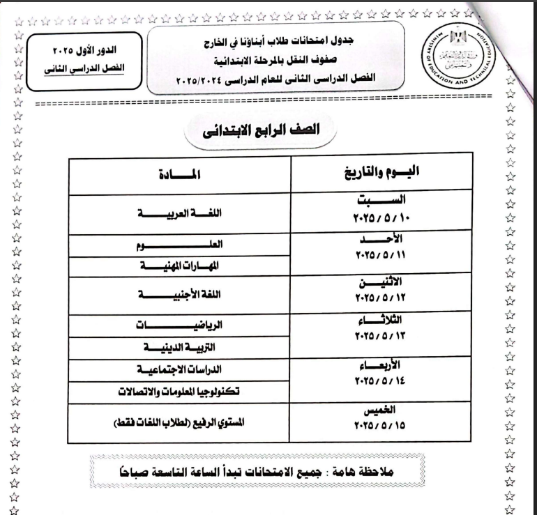 الصف الرابع الابتدائي- امتحانات أبناؤنا في الخارج الترم الثاني 2025